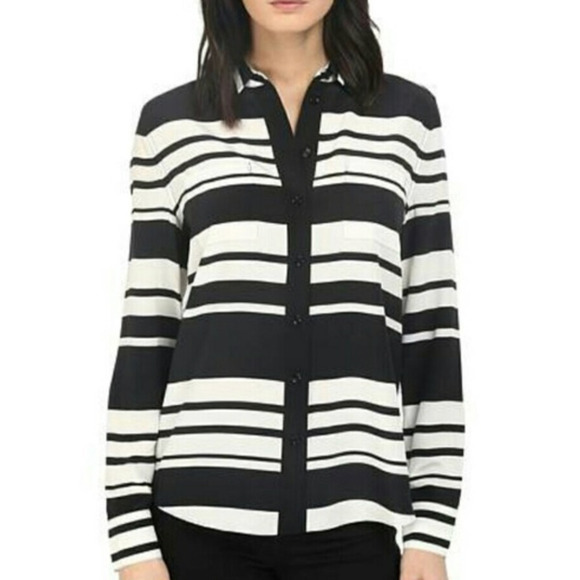 Kate Spade New York Cape Black White Striped 100% Silk ButtonFront Shirt SZ XS - Picture 1 of 8